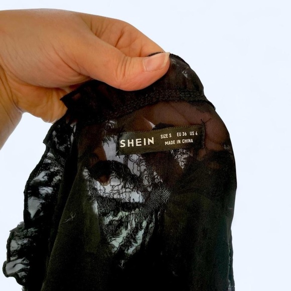 Black Sheer Lace Ruffle Trim Blouse with Long Sleeve S - Picture 4 of 4